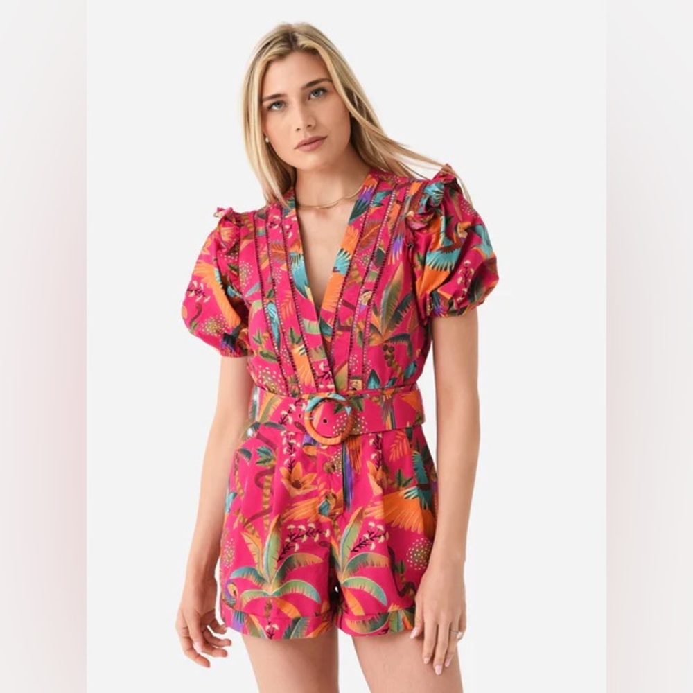 FARM Rio Pink and Orange Floral Jumpsuit with Puff Sleeves